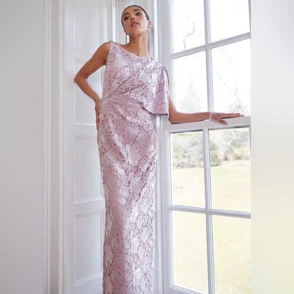 NWT JS Collections Arabella Sequin Guipure Lace Pleated Gown in Amethyst size 2 - Picture 2 of 16